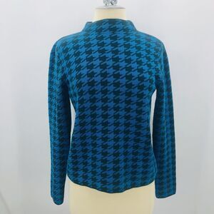 Ann Taylor Sweater Women’s Small Houndstooth Mock Neck Teal & Green Cotton Blend